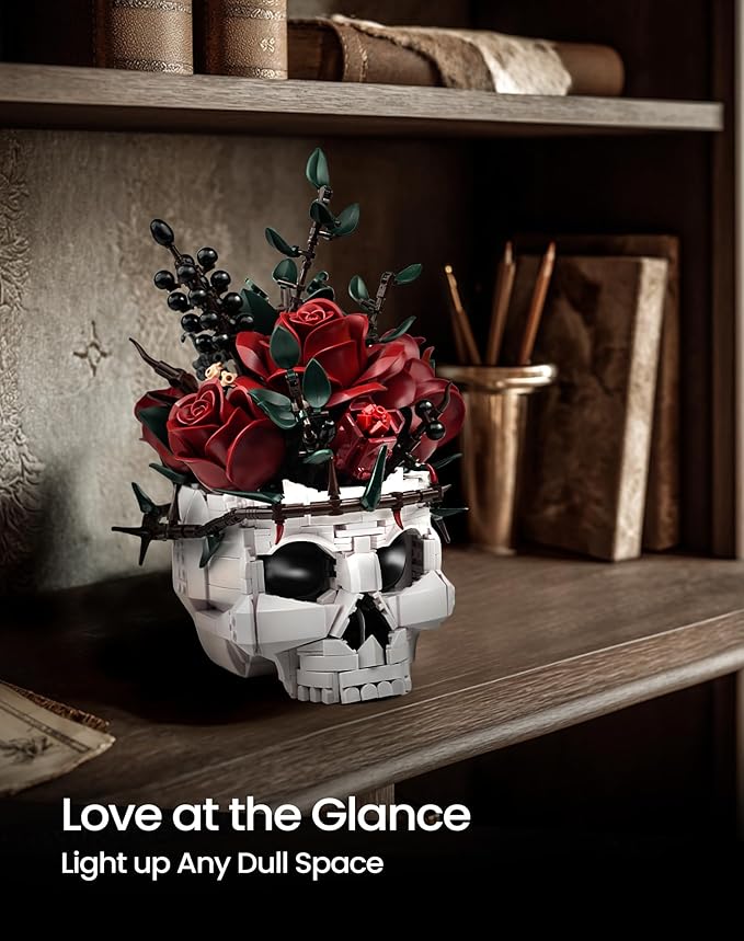iATOM Halloween Skull Rose Bouquet Building Set, Flowers Botanical Collection Kit for Adults - Gothic Horror Skeleton Plant Pot Home Table Centerpiece Decor - Halloween, IA11008