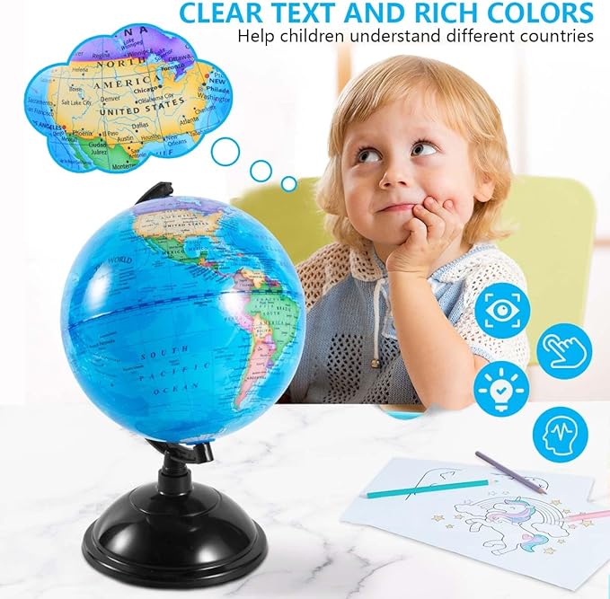 8 Inch World Globe with Stand Rotating Earth Spinning Globe for Kids Geography Classroom Education or Decorations (Blue)