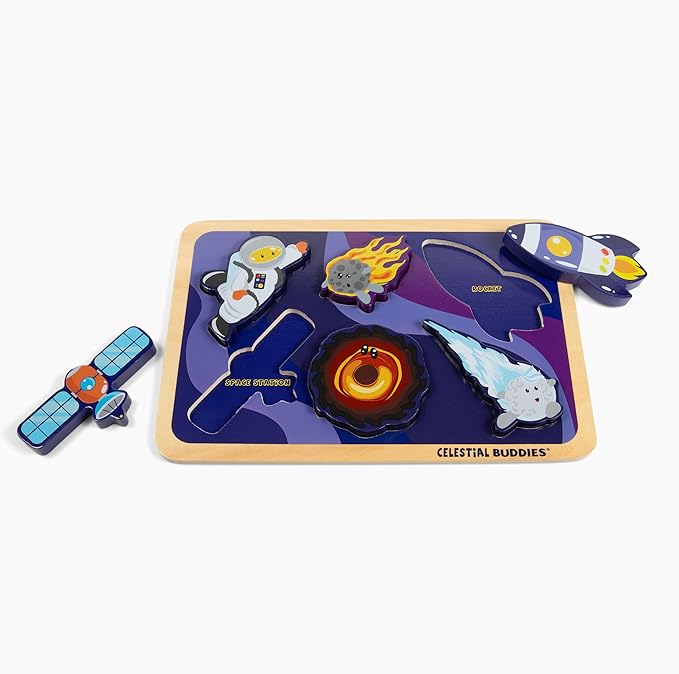 Celestial Buddies Journey into Space – Chunky Wooden Toddler Puzzle, 12x8 Inch – Educational Space Puzzle for Early Science & Astronomy Exploration - STEM Learning