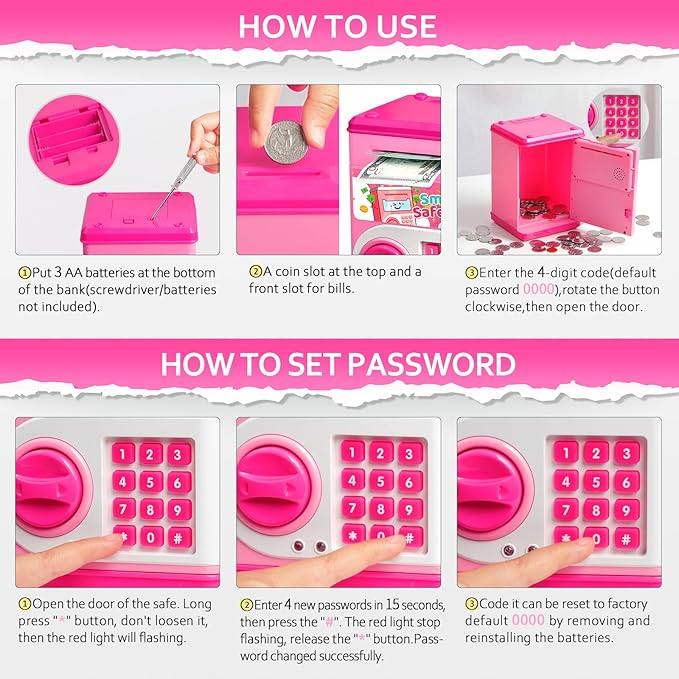 ATM Piggy Bank for Boys Girls, Vcertcpl Mini ATM Coin Bank Money Saving Box with Password Code, Kids Safe Money Jar for Real Money with Auto Grab Bill Slot, Great Gift Toy Bank for Kids (Pink)