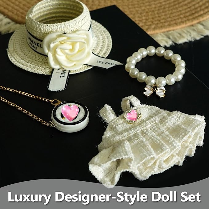 17cm Doll Clothes Set with Fashion Accessories - Premium Luxury Baby Doll Outfits & Designer Clothes Bundle, Unique Fashion Style Dresses with Hat & Pearl Necklace & Bag Accessories (White)