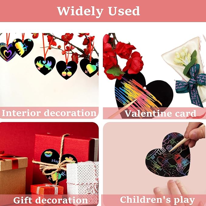 Naturahand 50 Rainbow Scratch Paper with 10 Wooden Scratch Sticks and 50 Red String, Heart Shaped Scratch Off Cards for Valentine DIY Decorations and Art Party Favors(H-1)