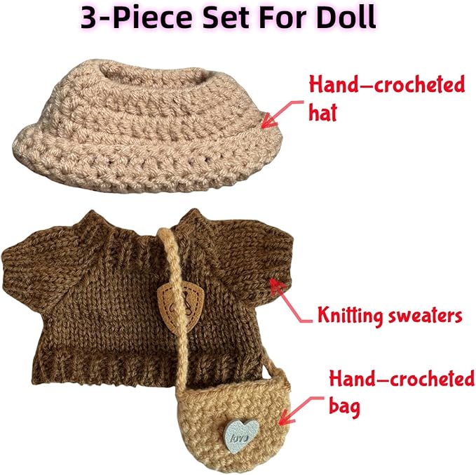 Clothes for Labubu(NO Doll), 15cm/17cm Doll Accessories Suit ,Handcrafted Crochet 3-Piece Set,Premium Outfit with Accessories for , Stylish Clothes for Dolls, Play & Collector