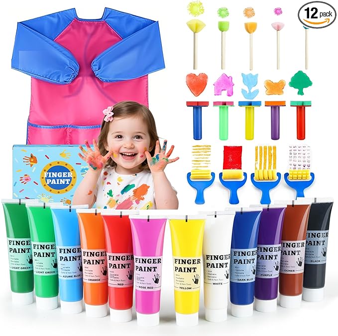 TMOL Washable Finger Paint for Toddlers, 27 PCS Non-Toxic Finger Paints, 12 Vibrant Colors (1.21fl oz), Baby Paint for Hand and Feet, Safe Art Supplies, Early Learning Gifts for Kids Age 3+