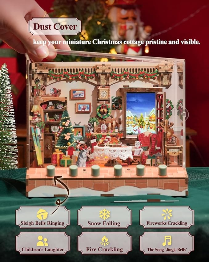 Tonecheer DIY Miniature House Kit, Wooden Dollhouse Kit with Music and White Noise,Tiny Diorama House Building Set with Electronic Screen Kit Creative Idea Gifts for Aduls (The Christmas Cottage)