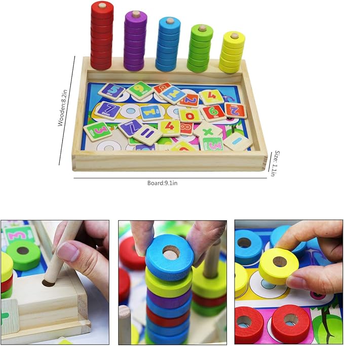 Lydaz Toddler Montessori Math Toys, Wooden Math Manipulatives with Counting Number Blocks, Preschool Kindergarten Learning Activities, Educational Math Toy for Kids 2-5, Sorting Stacking Puzzle Toy