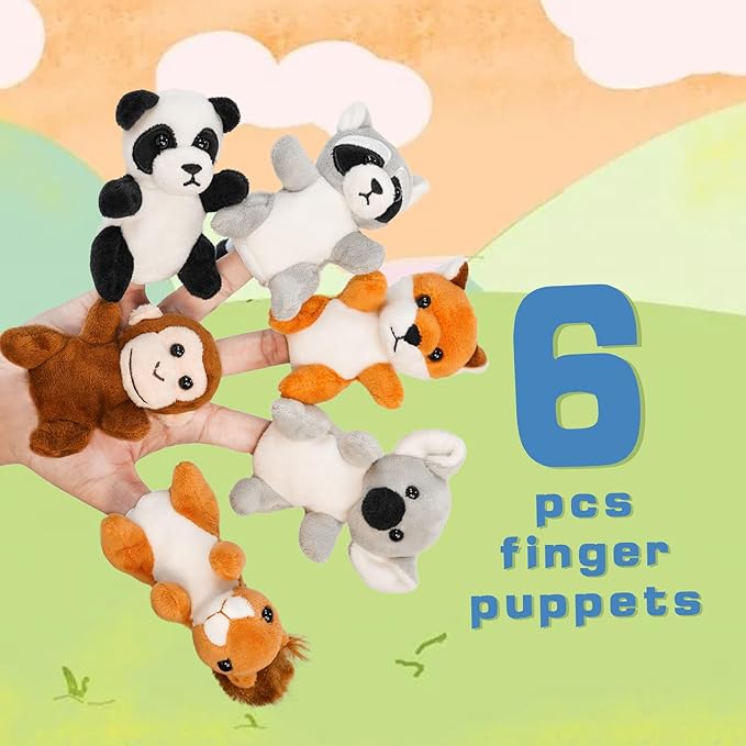 Farm 6pcs Finger Puppets Set, Cute Animal Puppet Mini Hand Puppets Role-Playing Story Animal Soft Plush Toy for Kids Monkey, Fox, Squirrel, Raccoon, Panda, Koala (jungle01)
