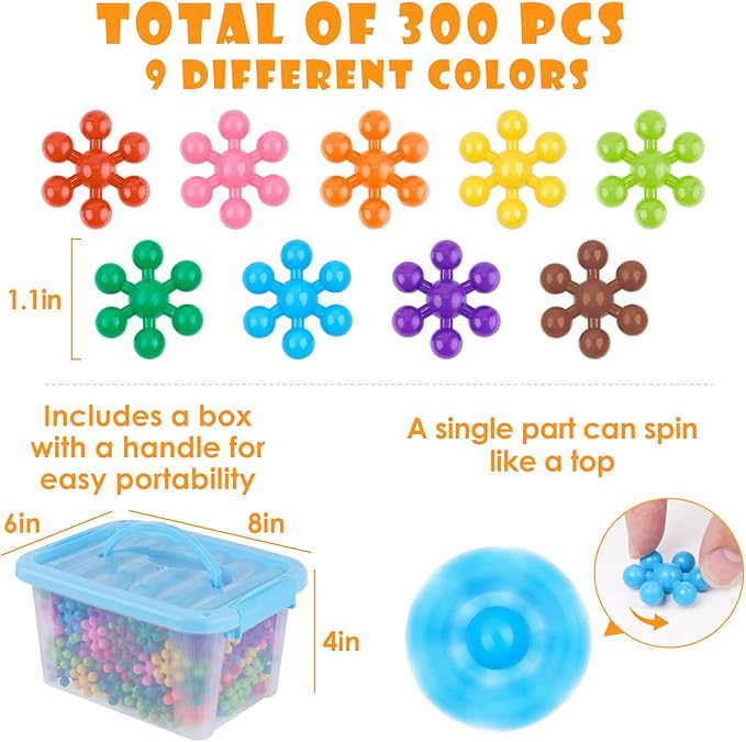 Snowflake Interlocking Building Block Educational Toy 300PCS for Kids Ages 3+, Multi-Color Solid Plastic Early Learning Creativity STEM Toy with Carrying Case Safe Material