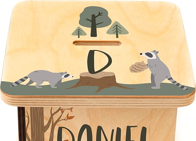 Wooden Piggy Bank for Kids and Adults, Personalized Gift Handmade in USA by BloomOwl, Custom Piggy Bank, Personalized Banks for Kids, Gifts for Baby Boys and Girls (Woodland)