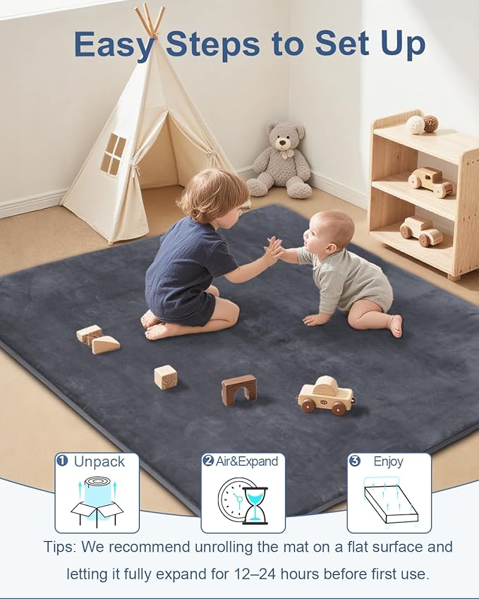 Thick Baby Play Mat for Floor,59 x 71 Playpen Mat,Large Tummy Time Foam Mat,Ultra Soft Support & Plush Feel Nursery Rug,Easy Care with Non-Slip Cushioned for Infant,Kids and Toddler Crawling,Dark Grey