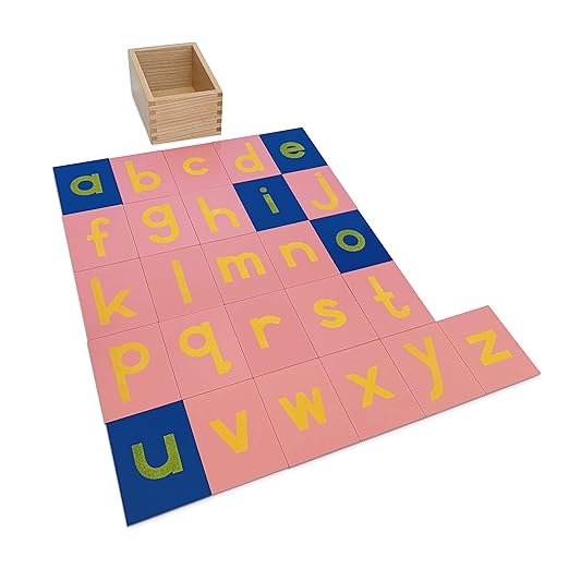 Montessori Sandpaper Letters | Lowercase | PP Wood Tiles | Vowel Consonant Color Coded | Includes Storage Box