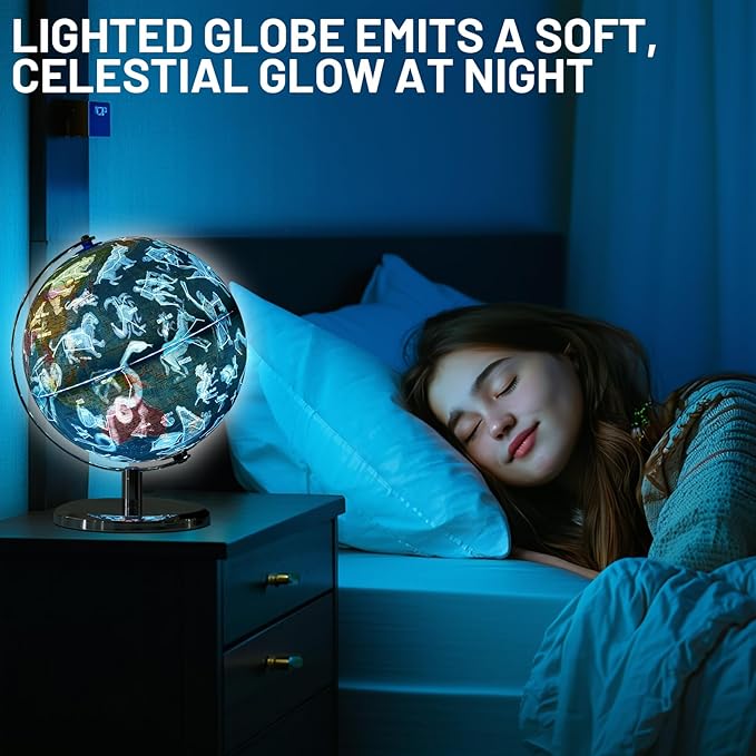 9" Illuminated Globes, 88 Constellations Map & Built-in LED Light & Learning 3-in-1, USB Charging, None-Slip Stainless Steel Stand for Classroom Education & Bedroom Decor, Inspire Geography Interest