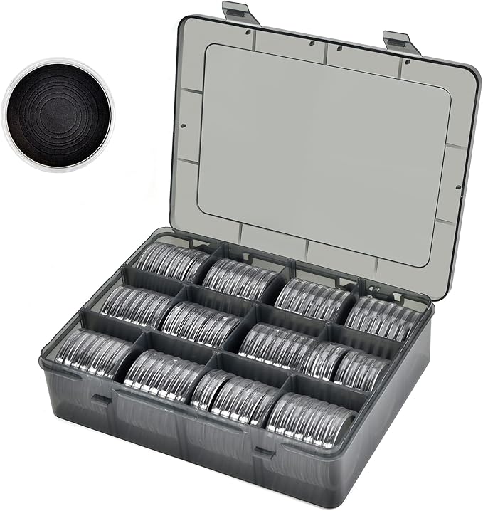 84 Pieces 46 mm Coin Capsules, with Foam Gasket and Plastic Storage Organizer Box, Coins Holder Collector Case for Coin Collection Supplies 7 Sizes (16/20/25/27/30/38/46mm)-Gray Case+Black Gasket
