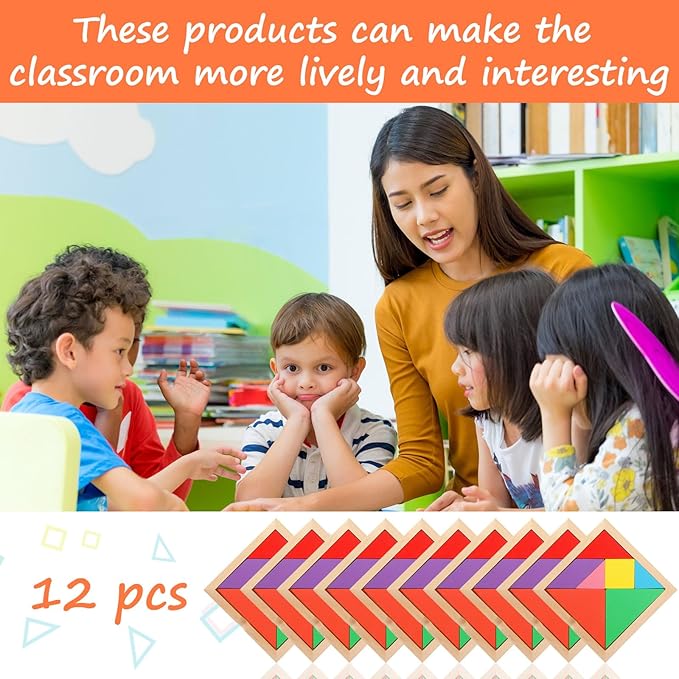 Meooeck 12 Pack Tangrams Wooden Puzzles Tangrams Classroom Set for Kids Shape Puzzles Brain Logic Blocks for Games Educational Gifts for Adults Kids Ages 4-8 8-12(Notch Style)