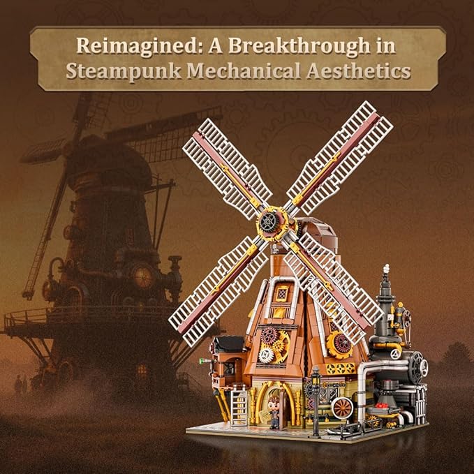 PANTASY Steampunk Windmill Workshop Building Set - Dutch Windmill Architecture with Mechanical Drive with Motorized Rotating Blades,Gear Details,and Openable Wall - Collectible Display Kit for Adults