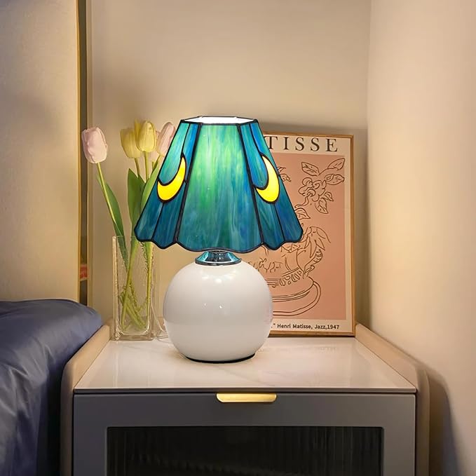 Mushroom Lamp-Small Bedside Table Lamp Tiffany Stained Glass, Nightstand Lamps for Bedroom, Living Room, Cafe, Bulb Included, Unique Aesthetic Home Decor(Sea Blue)