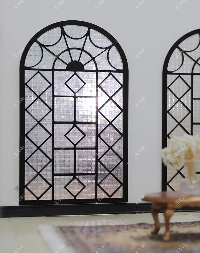 iLAND 1/12 Scale Accessories of Dollhouse Window, Wooden DIY Dollhouse Building Supplies, Complete Miniature Window Kit w/Wooden Frame & Grid Pattern PVC Film