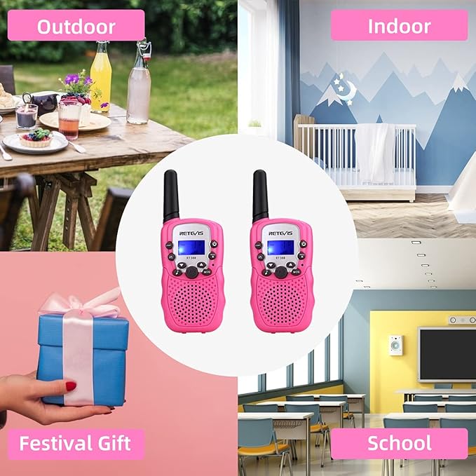 Retevis RT-388 Kids Walkie Talkies for Girls Boys,6-12 Year Old Kids' Toys,22 CH LCD Flashlight,Christmas Halloween Gifts,Camping Outdoor(Pink,2 Pack)