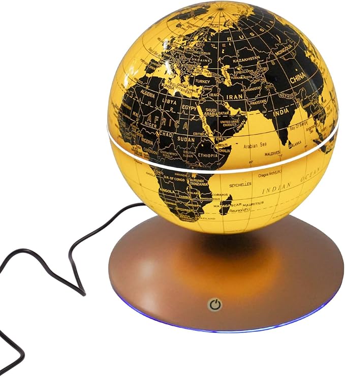 Floating Magnetic Levitation LED Globe, 6 Inch, Gold, Political Map, Metal Base