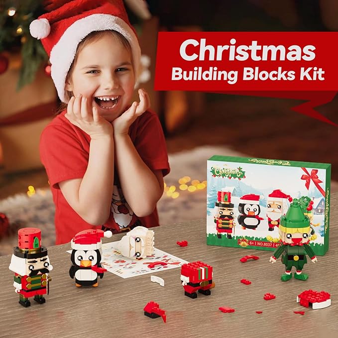 Christmas Building Blocks Santa Claus Nutcracker Elf Penguin Kit for Kids, Xmas Ornaments Bricks Set Figures Toy Gifts for Party Favors Goodie Bags Stuffers for Boys Girls 6 up