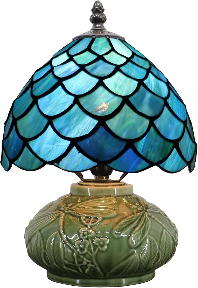 Small Tiffany Lamp Mushroom Table Lamp, Mini Stained Glass Desk Light Memory Sympathy Ceramic lamp 8X11 Inch (Fishscale Style)
