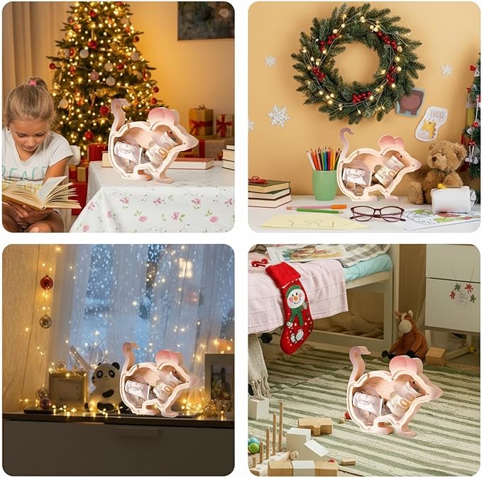 Wooden Rat Piggy Banks for Kids, Adorable Rat Piggy Bank with Acrylic Panels, Unbreakable Toddler Money Box for Boys Girls Adults, Cute Saving Coin Jar for Birthday Décor