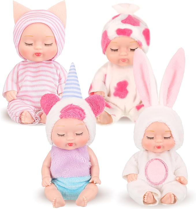 Hanaive 4 Pcs 4 Inch Mini Baby Dolls Lifelike Realistic Baby Dolls Animal Clothes Cute Tiny Gifts for Kids Birthday Party(Lovely Style)