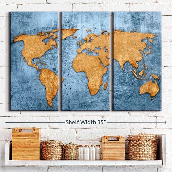 ElephantStock Azure World Map Wall Art Multi Piece Canvas - 3 Panel Wall Decor - Map of the World Art - Canvas for the Office and Home - 33" X 20"