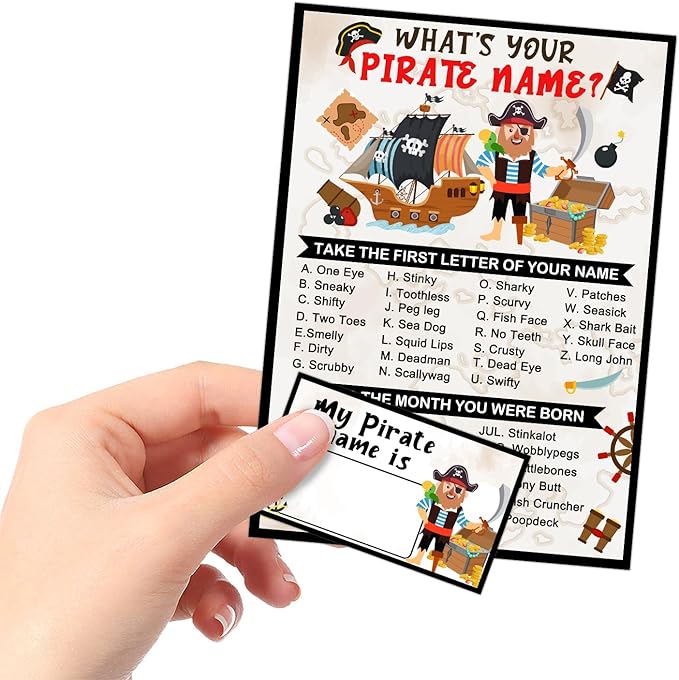 What is Your Pirate Name Game, Game Sign and 30 Cards, Pirate Birthday Party Sign for Boys, Holiday Activity, Pirate Activity Cards Ideas Decoration Supplies