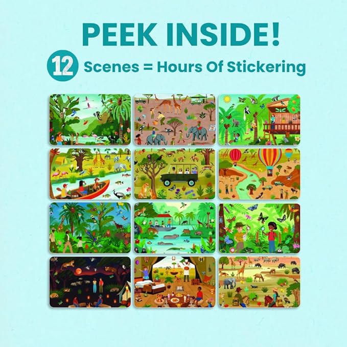 Cupkin Safari Animal Sticker Book Activity for Kids, Toddler Airplane Travel Essentials, 500+ Stickers for Kids + 12 Scenes + 12 Coloring Book Pages, Animal Lover Children's Gift, Crafts Ages 2-8