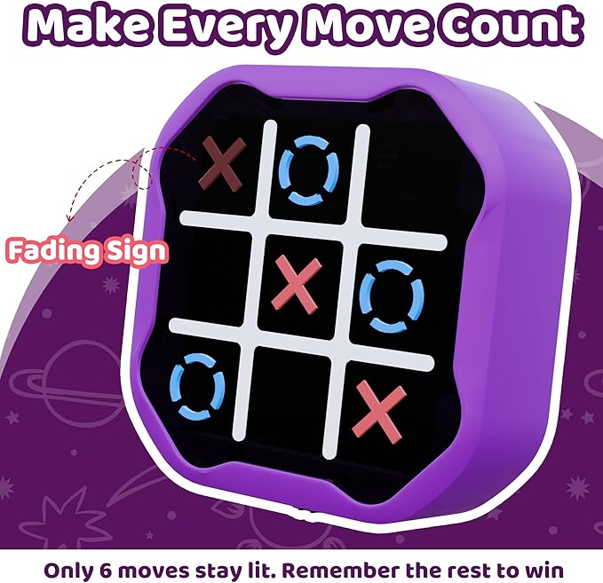 4-in-1 Rechargeable Electronic Tic Tac Toe Game – Handheld Travel Toy with Memory & Whack-a-Mole, Silent Mode, Fun for Kids & Adults, Gift for Kids Age 3+, Purple