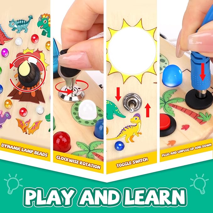 Dinosaur Busy Board, Wooden Toddler Toy, Sensory Travel Toy, Ideal Gift for 1-3 Years Old Boys (Dinosaur Busy Board Plus V2), Blue
