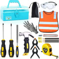 Kids Real 20Pcs Construction Tool Set with Blue Toolbox and Protective Clothing, Beginner Woodworking Tool Set, Educational Gift