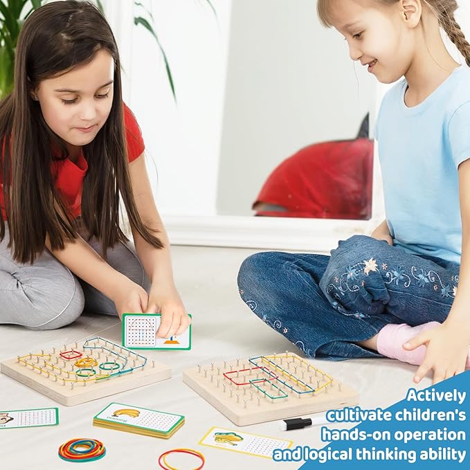 2Pack Wooden geoboards with Rubber Bands Montessori Toys, Mathematical Education Toy for Kids with Pattern Cards and geo Boards to Figures and Shapes, Brain Teaser STEM Toys for Classroom.