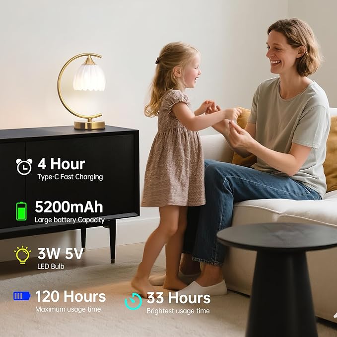 Cordless Table Lamp with 5200mAh Battery & Touch Control - 3 Adjustable Color Temperatures Bulb, Rechargeable Small Table Lamps for Living Room, Bedroom, Office Desk, Nightstand (White Tulip)