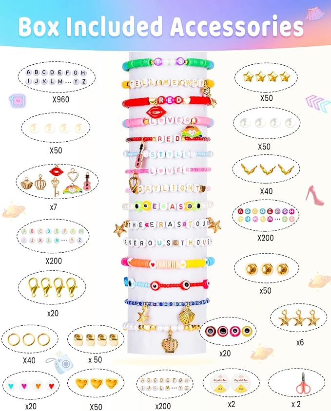 Goldwise Friendship Bracelet Kit 6 Boxes, Bracelet Making Kits with 48 Colors Clay Beads, 48 Colors Glass Seed Beads and 4 Styles Letter Beads (A-Z) with Charms for Bracelet Making Gift