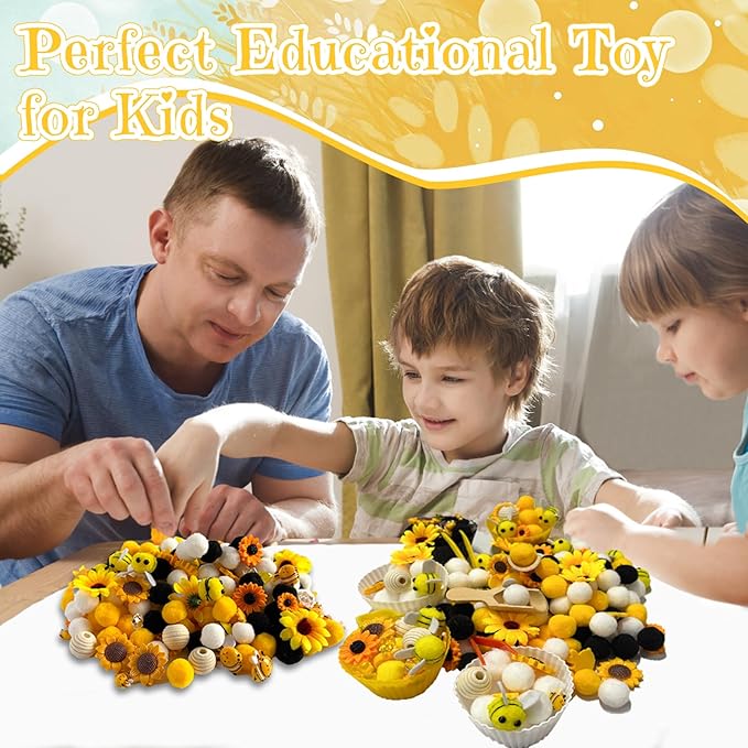 196 Pcs Sensory Bin Filler, Fine Motor Toys Bee Themed Sensory Bin Items Counting Sorting Toy Colorful Pom Poms Cup Bee Honeycomb Wooden Scoop for Preschool Education Activities