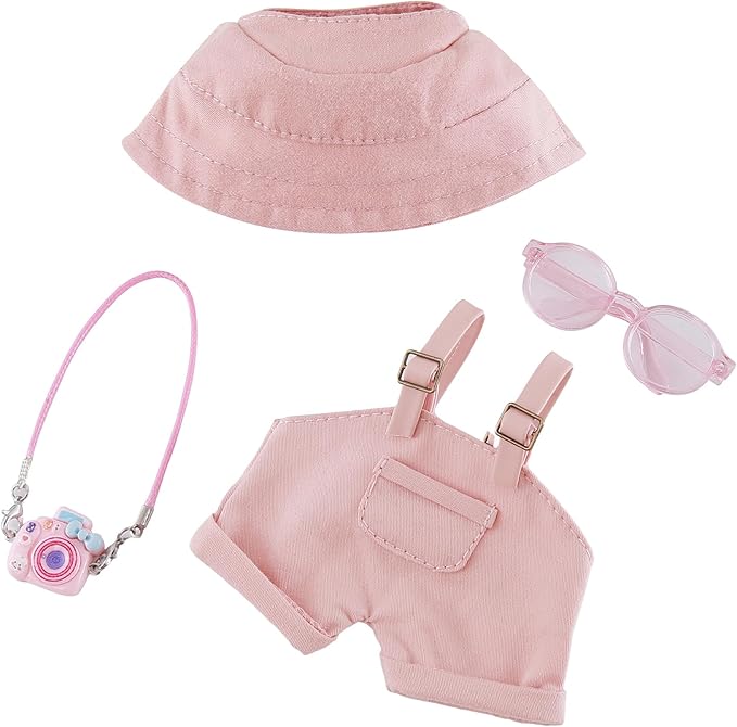 17cm Doll Clothes Set 4-Piece Outfits for Doll Pink Fashion Clothing for Plush Dolls Accessories with Glasses and Bucket Hat