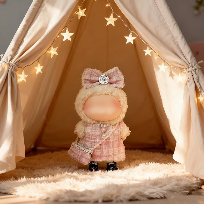 Clothes for LABUBU 17cm Doll (NO Doll)（NO Shoes, Outfit for LABUBU, Dress + Hairpin + Mini Bag Set for LABUBU Dress Up, Fashion and Premium Dolls Accessories for LABUBU (Style J)