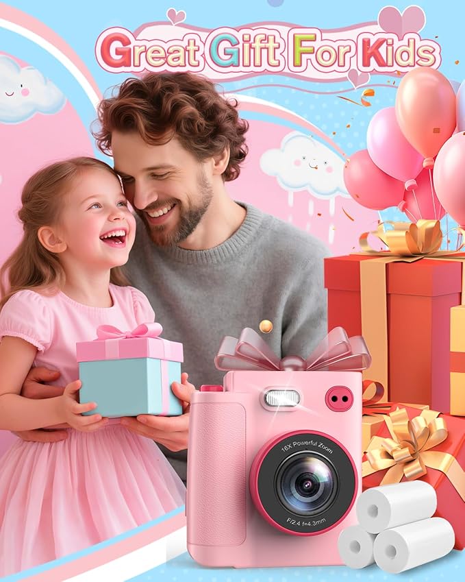 Instant Print Camera for Kids - 1080P HD Toddler Digital Camera for 3 4 5 6 7 8 9 10 Year Old Girls Boys, Christmas Birthday Gift with 32GB SD Card, Selfie Mode, Portable Travel Toy, Fun Filters- Pink