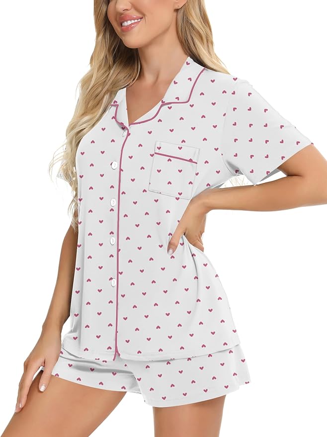 SWOMOG Womens Button Down Pajamas Set Short Sleeve Sleepwear Bride Soft Pj Lounge Sets XS-3XL