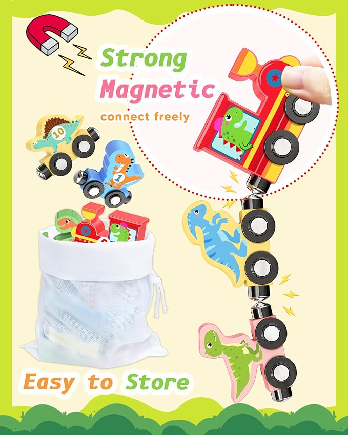 11 Pcs Magnetic Dinosaur Train Set Montessori Toys for 1 2 3 Years Old Toddlers Boys Girls, Wooden Dinosaur Preschool Learning Activities Educational Sensory Toys Birthday Gifts Ages 1-3, 2-4