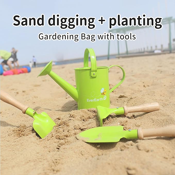 Kids Metal Gardening Tools Set, Childrens Gardening Tool Kit with Canvas Tote Bag and Metal Watering Can, Metal Hand Rake, Trowel and Shovel, FSC Certified Wood