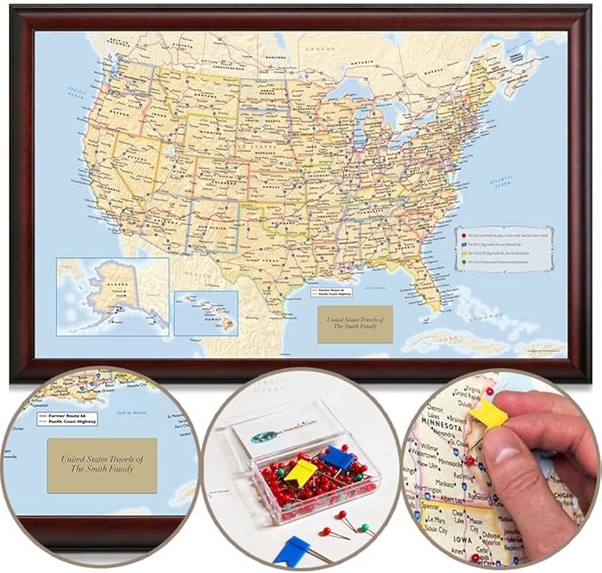 Map Your Travels Personalized U.S. Traveler Wall Art | Premium Wood Frame | Detailed USA Wall Art | Framed size 33"x21"