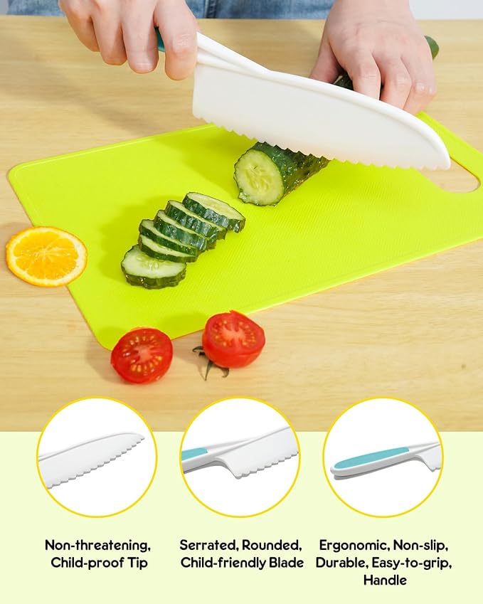 Kids Knife Set, 5 Pcs Montessori Kitchen Tools for Toddlers' Real Cooking, BPA Free Kids Safe Kitchen Cooking and Baking Set with Peeler, Cutting Board for Sandwich Bread Vegetable Fruit Present Gift