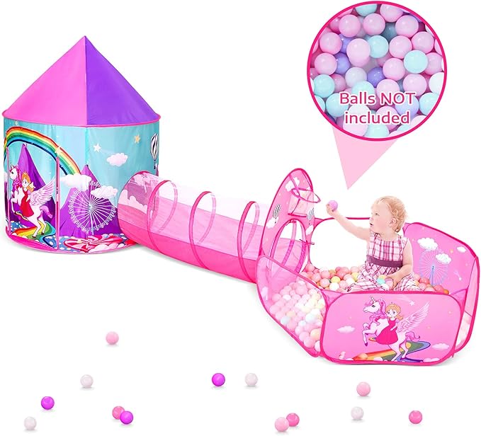 PigPigPen 3pc Kids Play Tent for Girls with Ball Pit, Crawl Tunnel, Castle Tents for Toddlers, Baby Unicorn Tent Toys, Girls Indoor& Outdoor Play House, Perfect Kid’s Gifts (3PC Unicorn Play Tent)