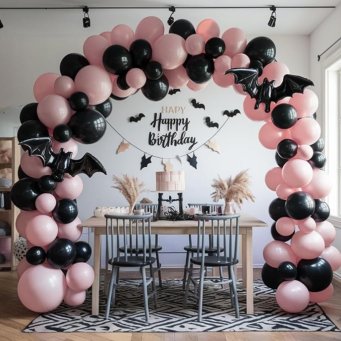 Pink and Black Balloons,12inch Pink Black Silver Halloween Balloons Bat Printed Party Balloons Pastel Pink Black Decoration for Boy Girls Halloween Themed Party Birthdays Holiday Party