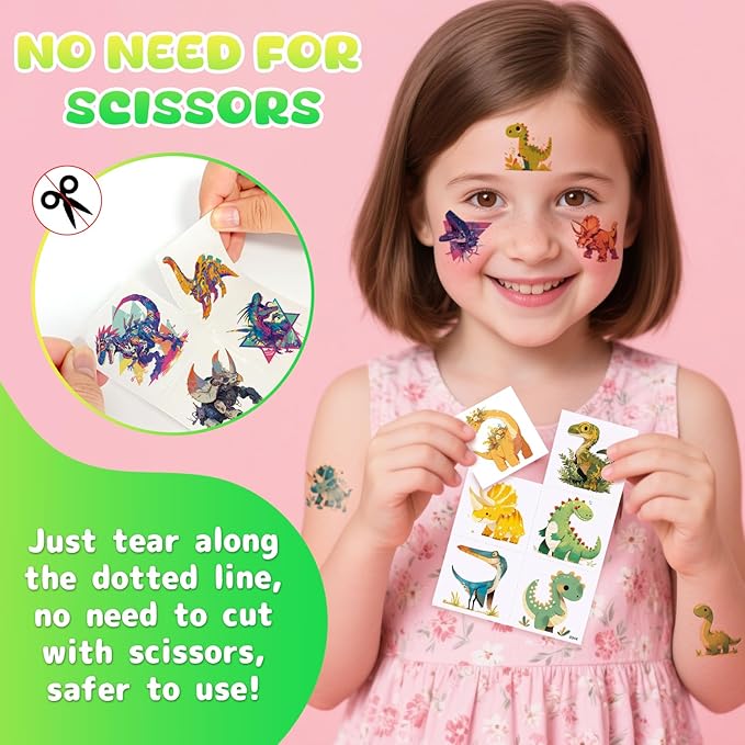 Aresvns Cute Dinosaur Temporary Tattoos for Kids, 117 Parttens Fake Cartoon Colorful Waterproof Tiny Tattoos for Girls Boys Birthday Party Summer Swimming Pool BBQ Decoration Supplies