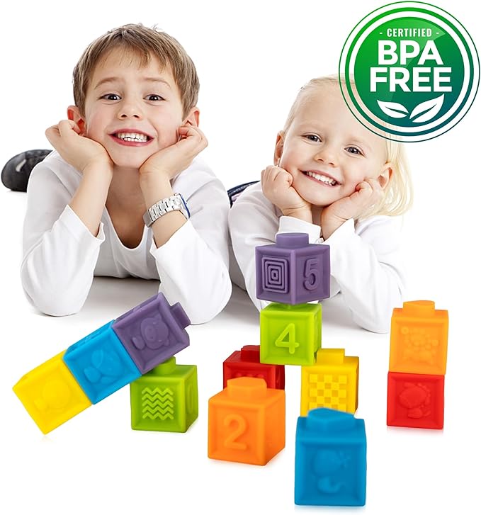 Ganowo 12PCS Mini Soft Stacking Blocks Toys, Educational Squeeze Teeth Baby Toys with Numbers Animals for 6 Months Up Baby Building Blocks Christmas Stocking Stuffers for Baby Toddlers Gifts