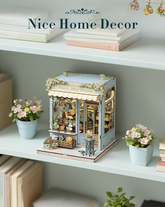 Cutefun Book Nook Kit - DIY Miniature House Kit for Adults and Teens, 3D Wooden Puzzle Mini House Building Kit with LED, Dollhouse Kit Bookshelf Insert Decor Creative Gifts (Anna's Blue Blossom)